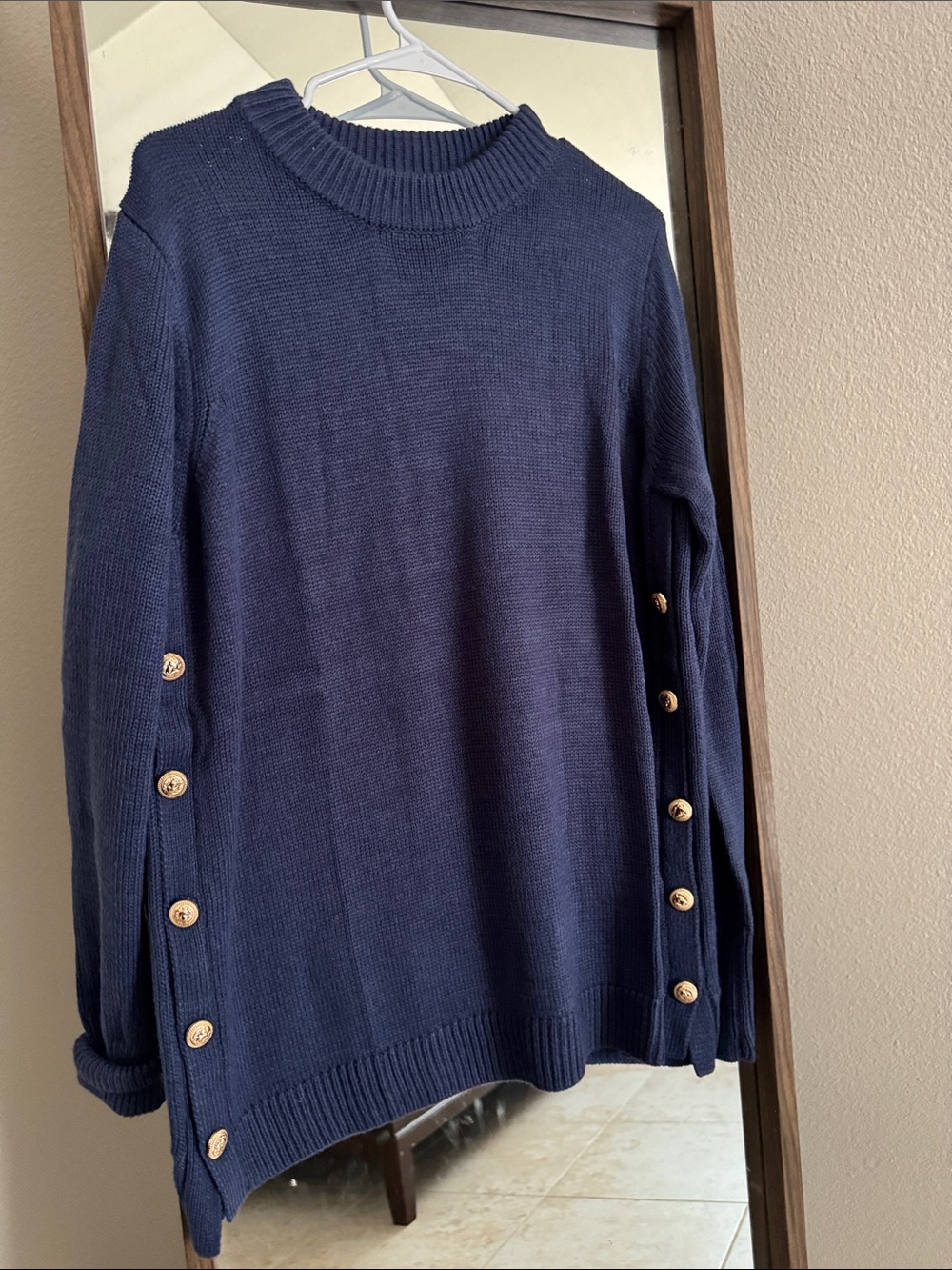 Button-Side Navy Crewneck Sweater